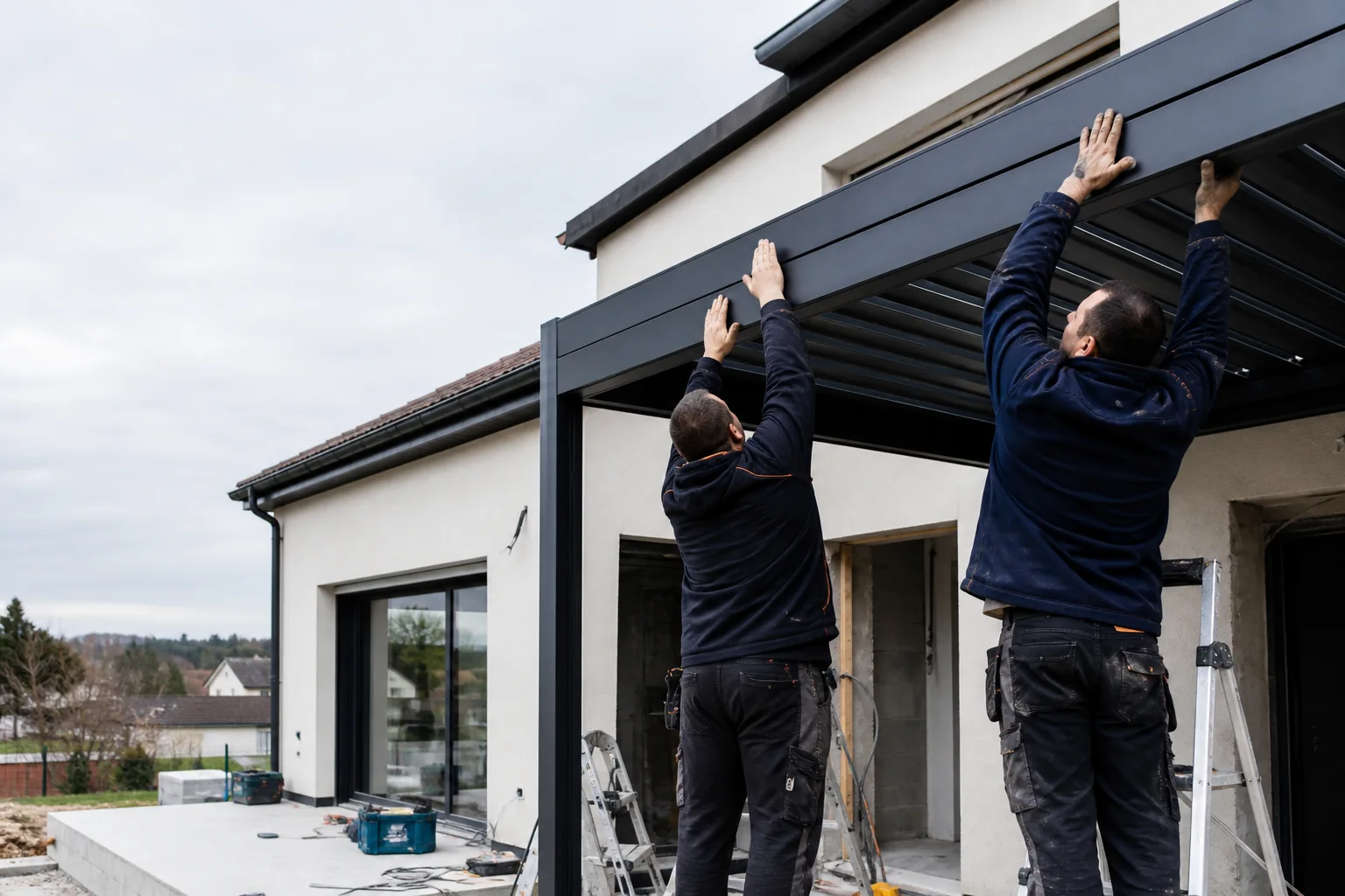 Deux poseurs installent une pergola sur un chantier
