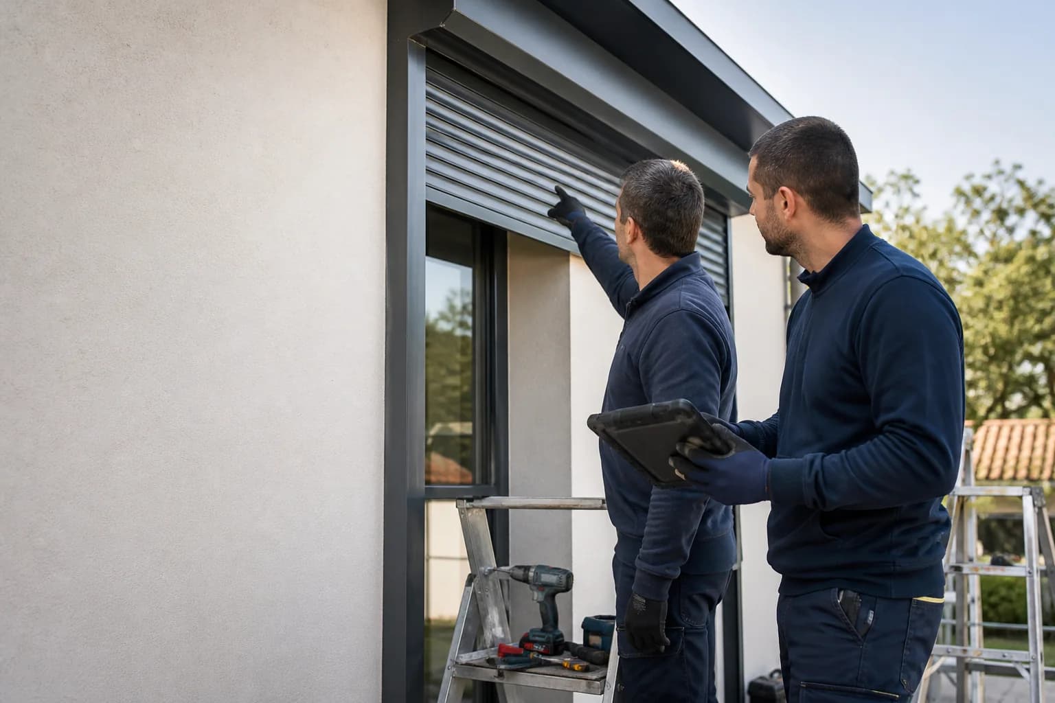 Deux poseurs contrôlent un volet roulant avec une tablette sur le chantier
