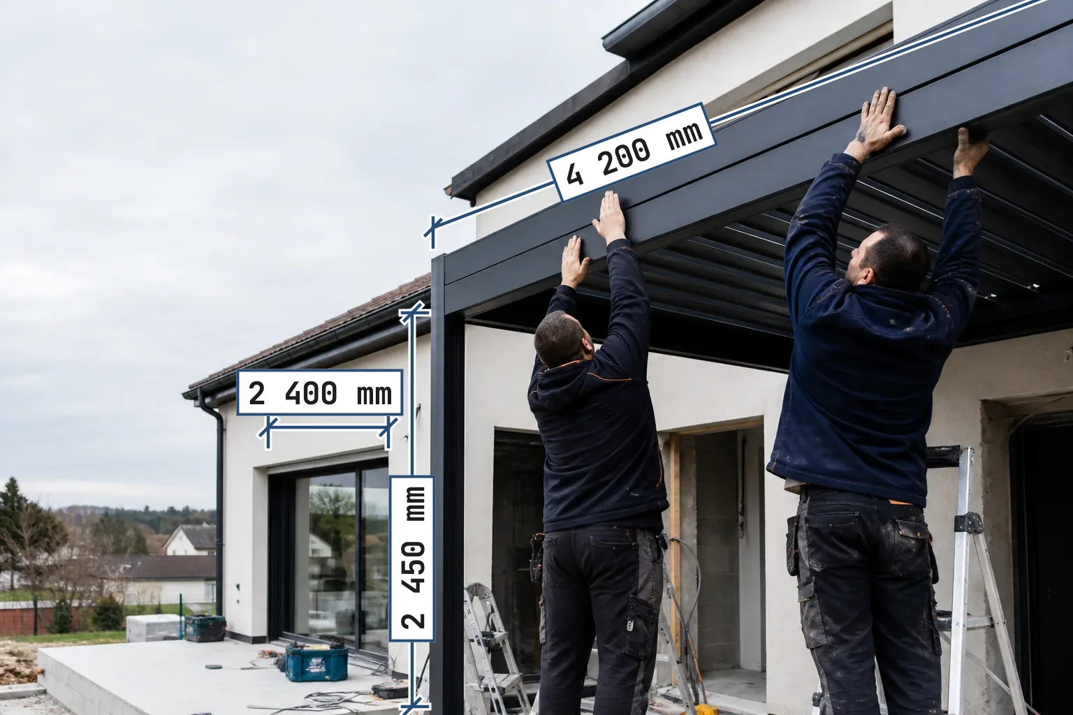 Deux poseurs installent une pergola, photo annotée de ses cotes