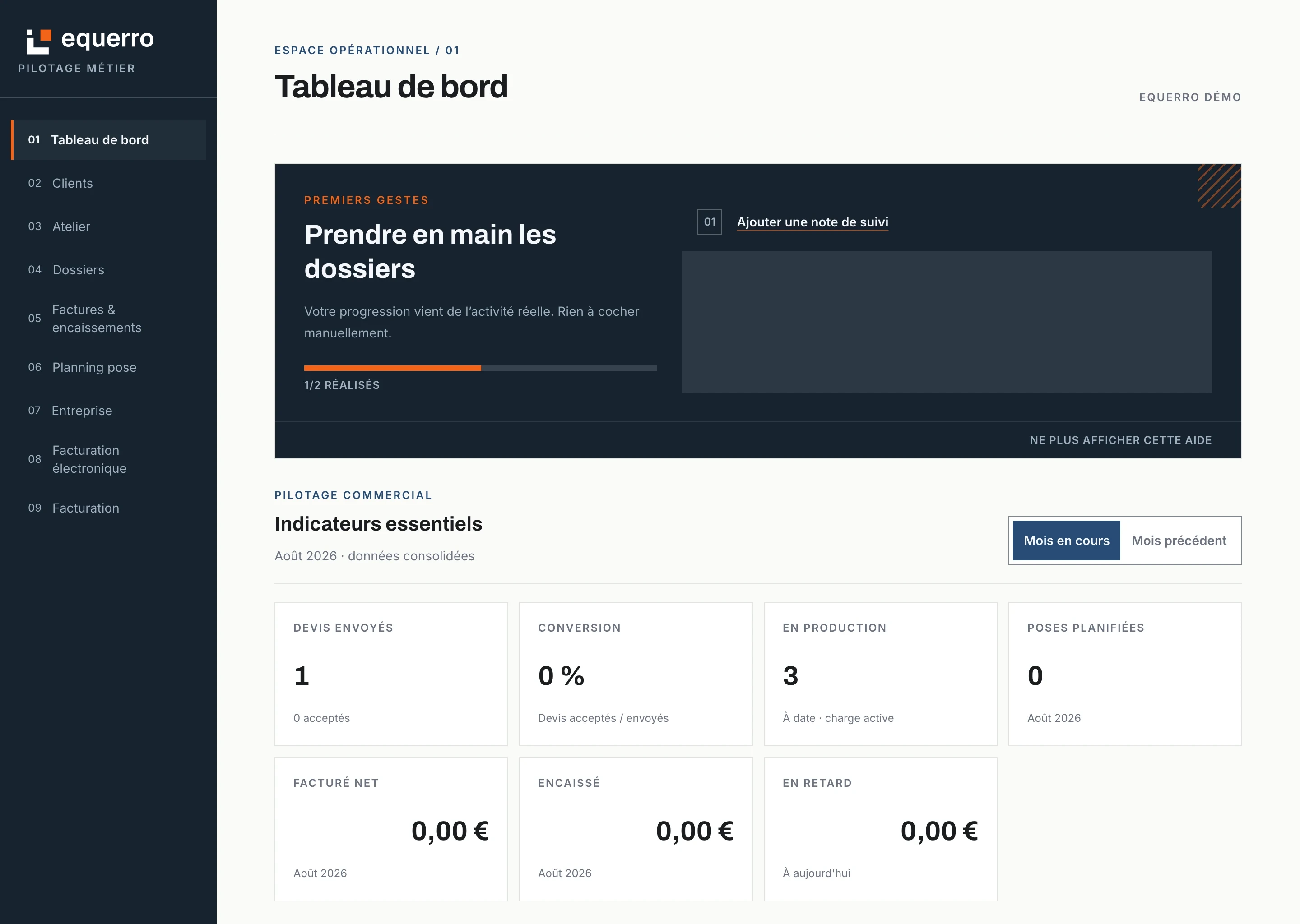 Tableau de bord Equerro avec les dossiers en cours