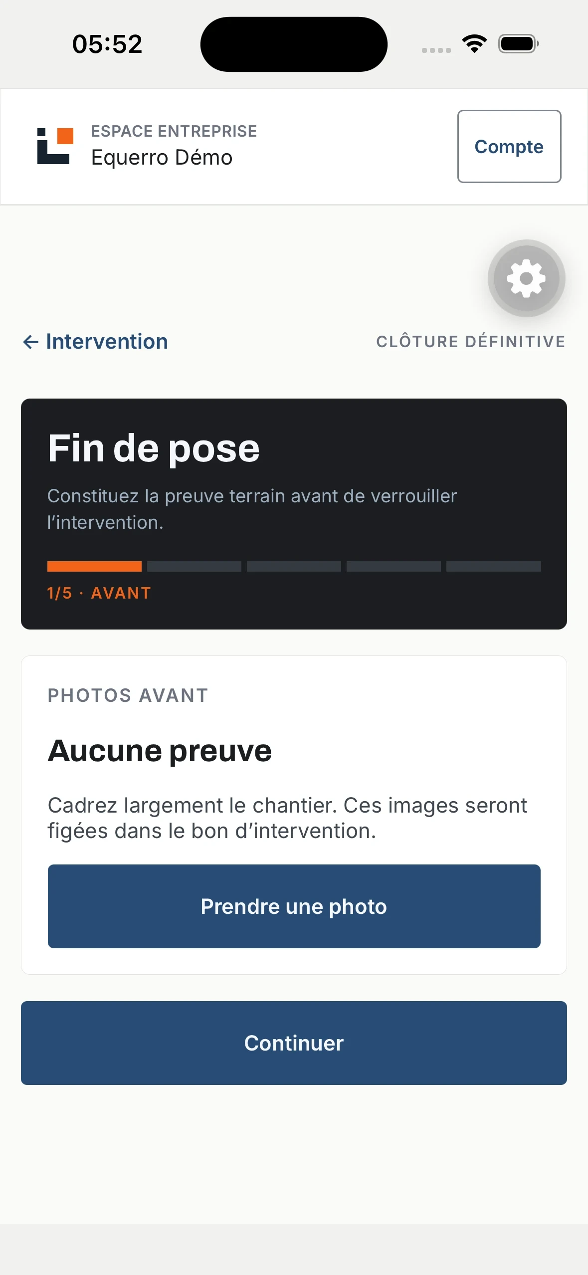 Application mobile Equerro affichant la pose du chantier
